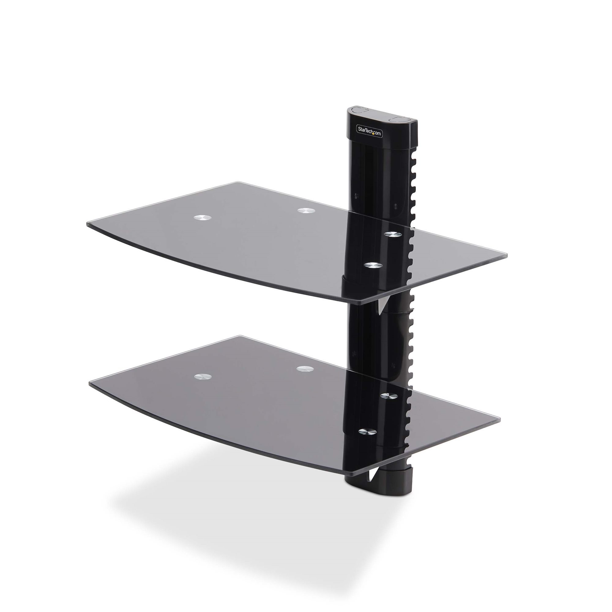 StarTech.com Double Étagère AV Murale Flottante, Support à Hauteur Ajustable pour Sous Télévision, Support Mural pour TV, Organiser l'Équipement A/V sur l'Étagère en Verre Trempé Noir