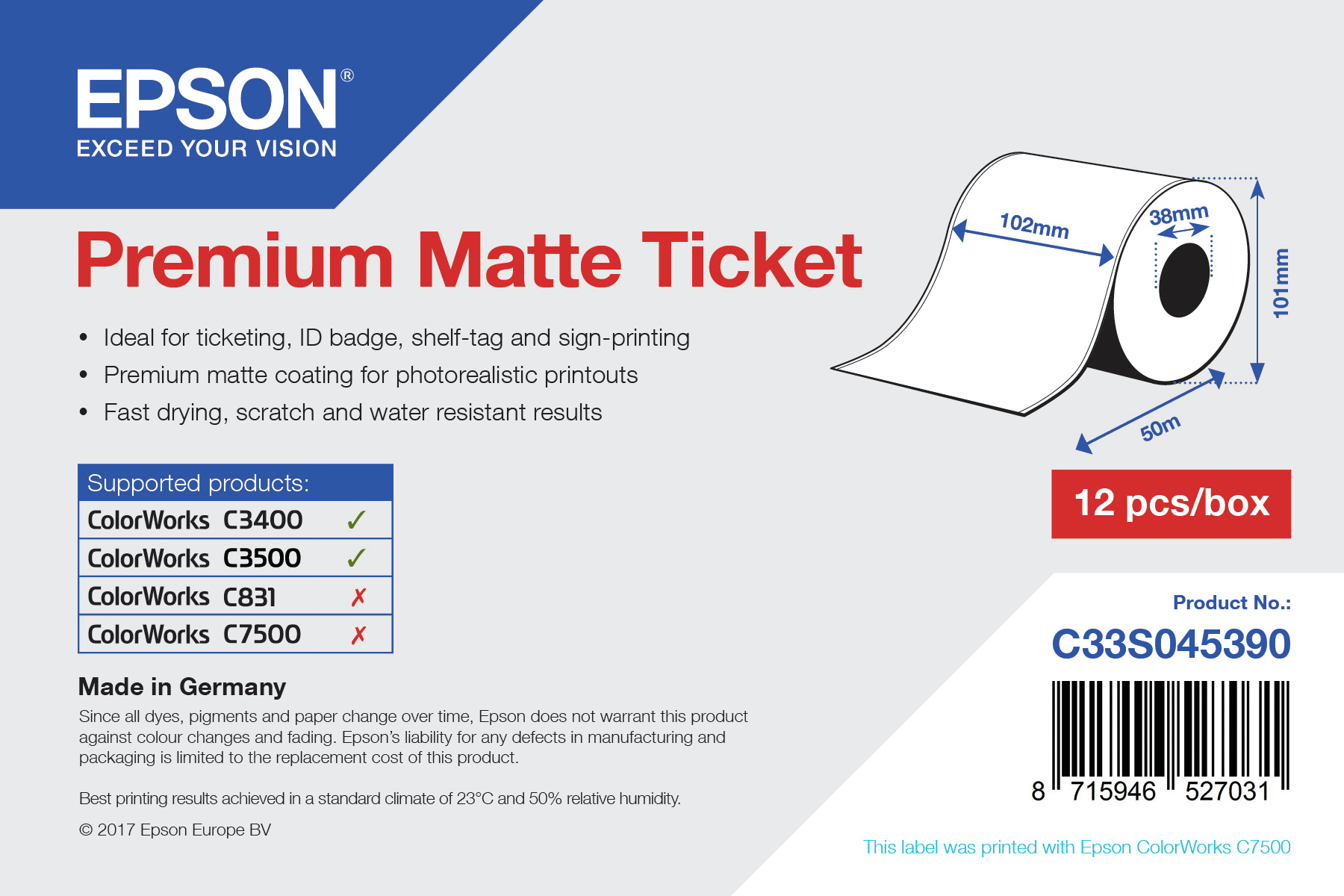 Matte Ticket - Roll 102mm x 50m Matte Ticket - Roll 102mm x 50m