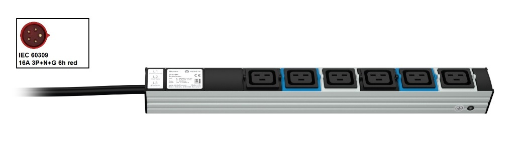 Knürr PDU DI-STRIP, basique, 0U/1U, entrée CEI 60309 230\/400V 3x16A, sorties (6)C19 Knürr PDU DI-STRIP, basique, 0U/1U, entrée CEI 60309 230\/400V 3x16A, sorties (6)C19