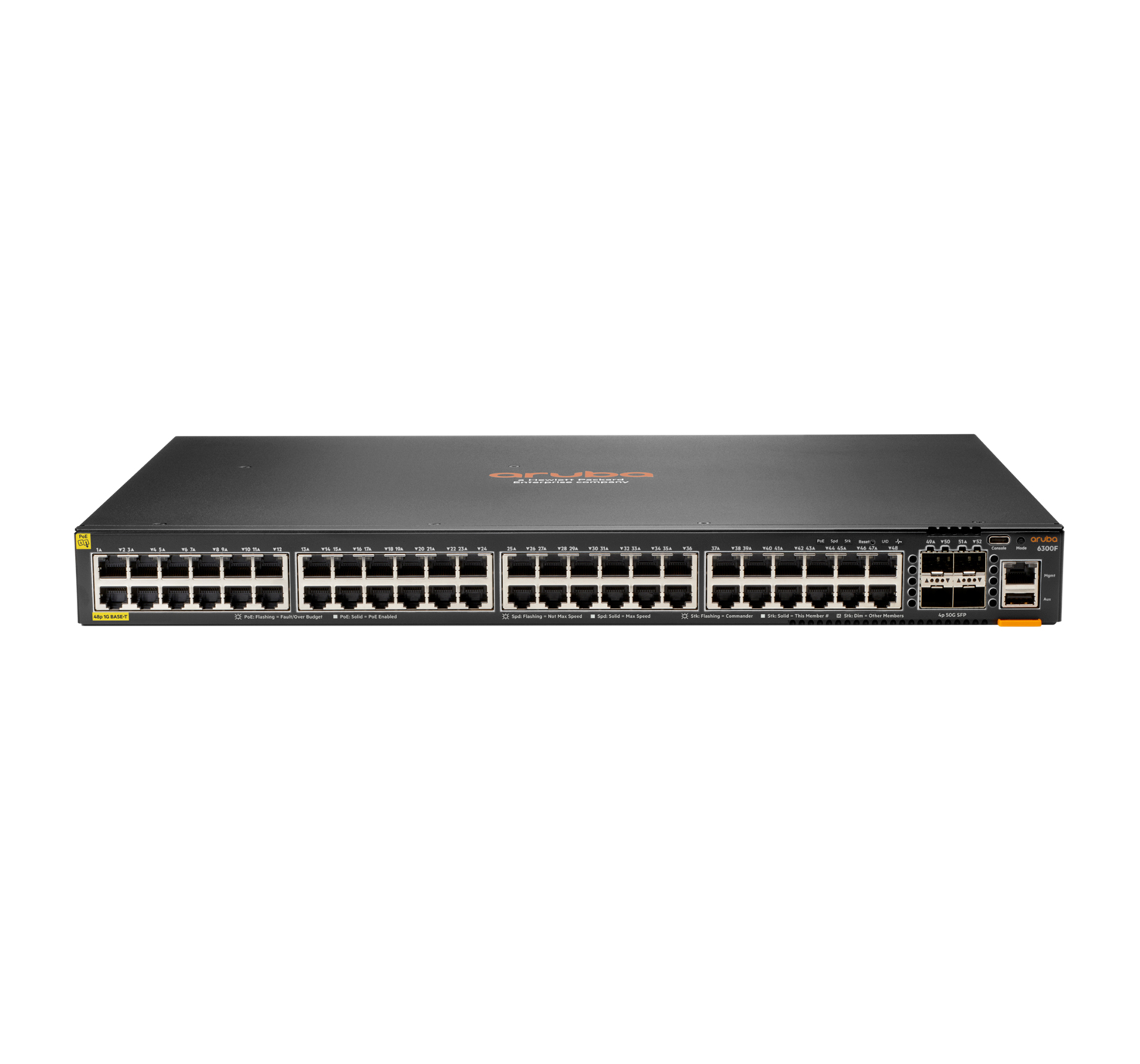 Aruba 6300F 48-port 1GbE Class 4 PoE & 4-port SFP56 Géré L3 Gigabit Ethernet (10/100/1000) Connexion Ethernet, supportant l'alimentation via ce port (PoE) 1U Gris Aruba 6300F 48-port 1GbE Class 4 PoE & 4-port SFP56 Géré L3 Gigabit Ethernet (10/100/1000) Connexion Ethernet, supportant l'alimentation via ce port (PoE) 1U Gris
