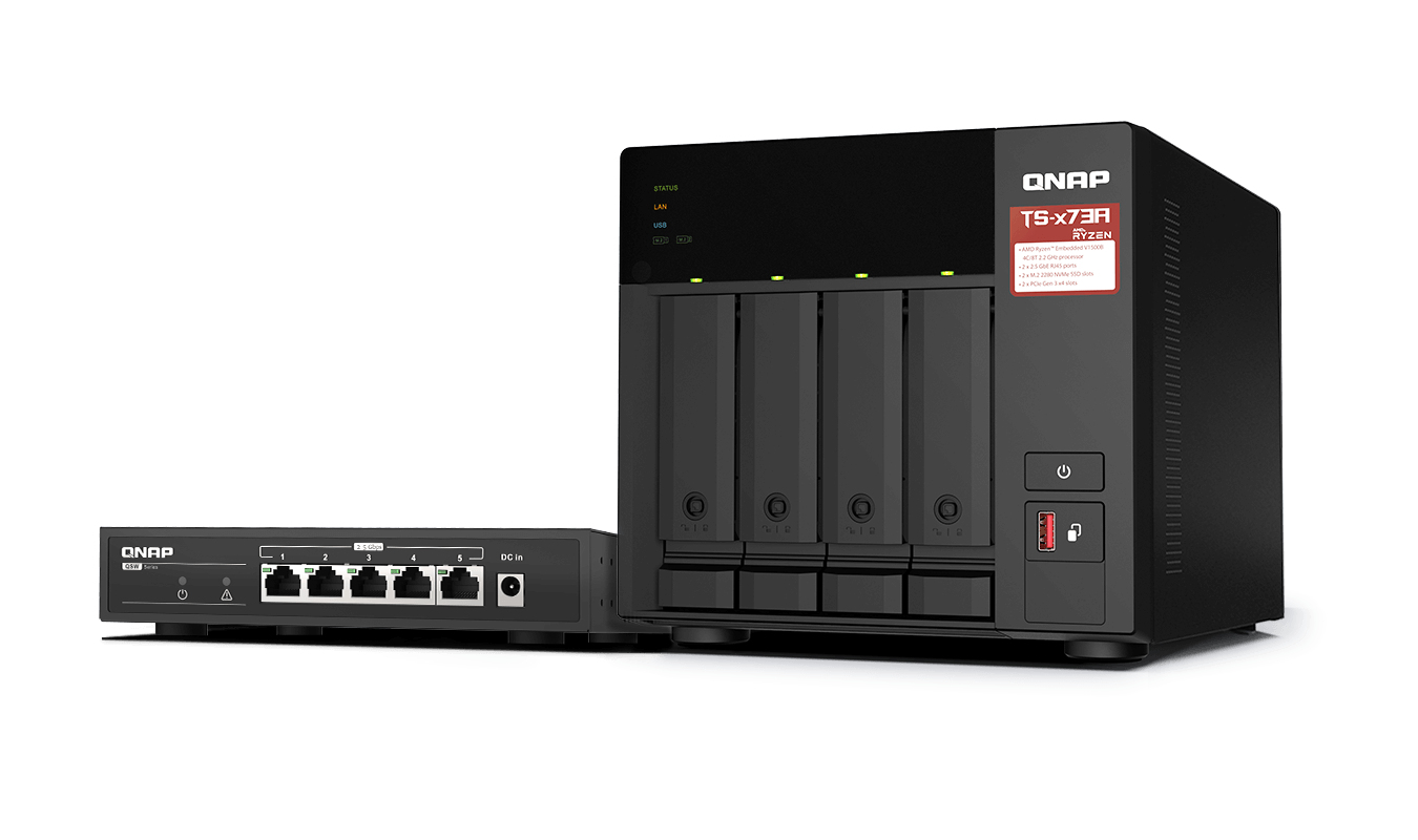 QNAP TS-473A + QSW-1105-5T Bundle Pack NAS Tower Ryzen Embedded V1500B 8 Go DDR4 QNAP Turbo System Noir QNAP TS-473A + QSW-1105-5T Bundle Pack NAS Tower Ryzen Embedded V1500B 8 Go DDR4 QNAP Turbo System Noir