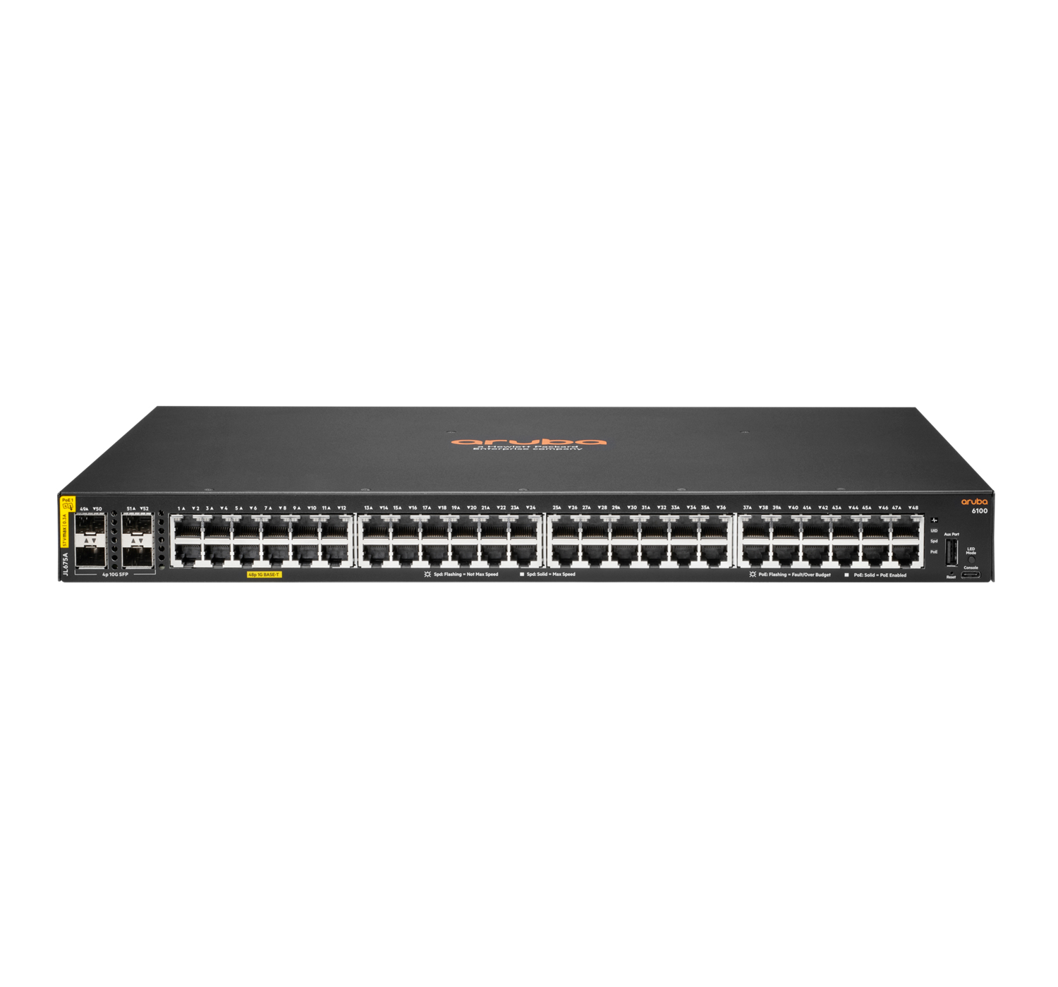Aruba 6100 48G Class4 PoE 4SFP+ 370W Géré L3 Gigabit Ethernet (10/100/1000) Connexion Ethernet, supportant l'alimentation via ce port (PoE) 1U Noir Aruba 6100 48G Class4 PoE 4SFP+ 370W Géré L3 Gigabit Ethernet (10/100/1000) Connexion Ethernet, supportant l'alimentation via ce port (PoE) 1U Noir