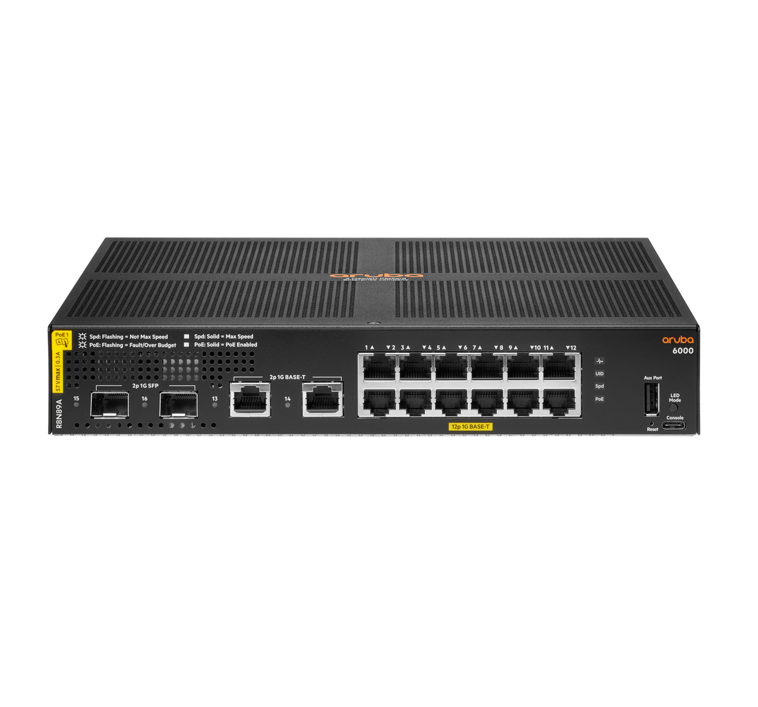 Aruba 6000 12G Class4 PoE 2G/2SFP 139W Géré L3 Gigabit Ethernet (10/100/1000) Connexion Ethernet, supportant l'alimentation via ce port (PoE) 1U Aruba 6000 12G Class4 PoE 2G/2SFP 139W Géré L3 Gigabit Ethernet (10/100/1000) Connexion Ethernet, supportant l'alimentation via ce port (PoE) 1U