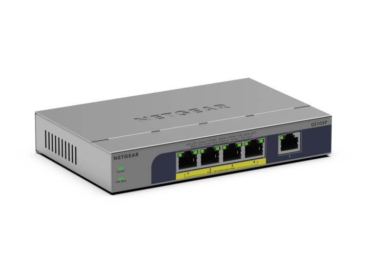 NETGEAR GS105P Non-géré Gigabit Ethernet (10/100/1000) Connexion Ethernet, supportant l'alimentation via ce port (PoE) Montage sur le bureau ou sur le mur Gris