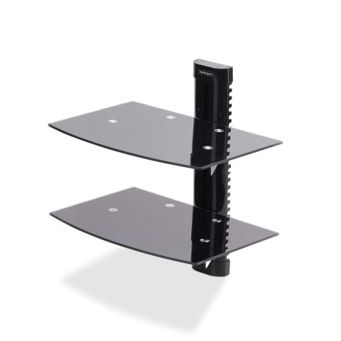 StarTech.com Double Étagère AV Murale Flottante, Support à Hauteur Ajustable pour Sous Télévision, Support Mural pour TV, Organiser l'Équipement A/V sur l'Étagère en Verre Trempé Noir