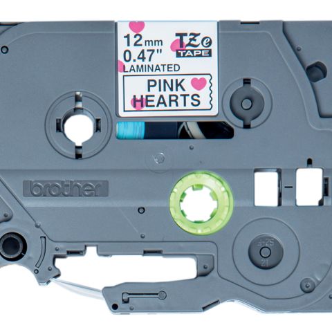 TZEMPPH31 12MM BLACK ON PINK HEARTS TAPE