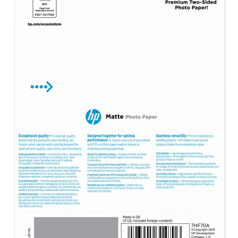HP 7HF70A papier photos Blanc Mat